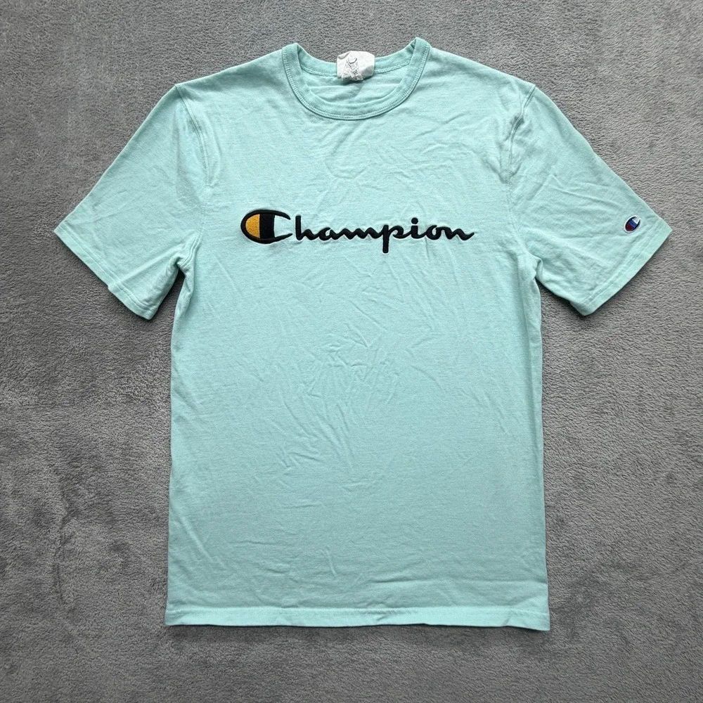 Champion Shirt Mens Medium Green Script Logo Graphic Tee T-Shirt Casual Crewneck - Picture 1 of 6
